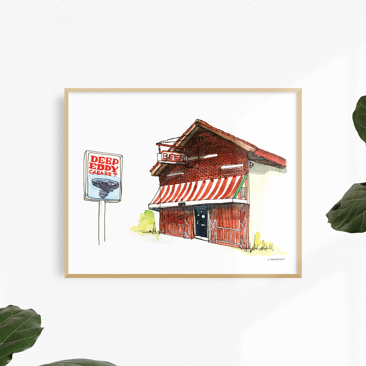 Watercolor painting and ink drawing of Deep Eddy Cabaret bar in Austin, Texas art print framed on a white wall. Framed wall art