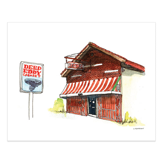 Watercolor painting and ink drawing of Deep Eddy Cabaret bar in Austin art print with the print edges shown on a white background.