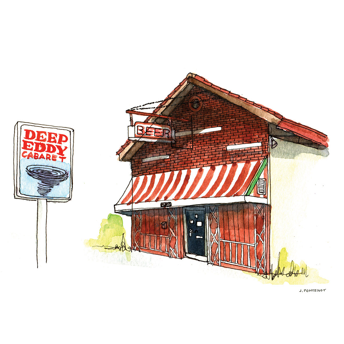 Watercolor painting and ink drawing of Deep Eddy Cabaret bar in Austin, Texas with sign out front that has red letters and a "Beer" sign hanging off the building.