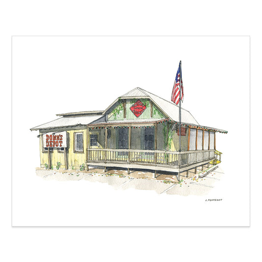 Watercolor painting and ink drawing of Donn's Depot in Austin, Texas art print with the print edges shown on a white background.