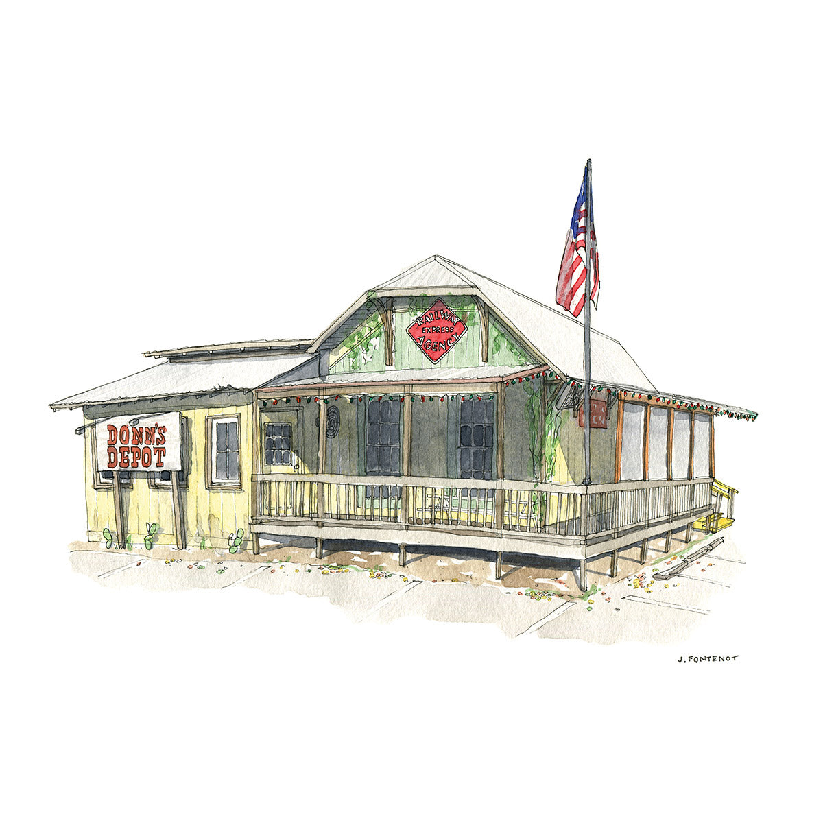 Watercolor painting and ink drawing of Donn's Depot dive bar in Austin, Texas art print.