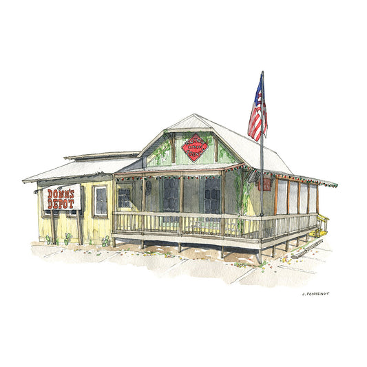 Watercolor painting and ink drawing of Donn's Depot dive bar in Austin, Texas art print.