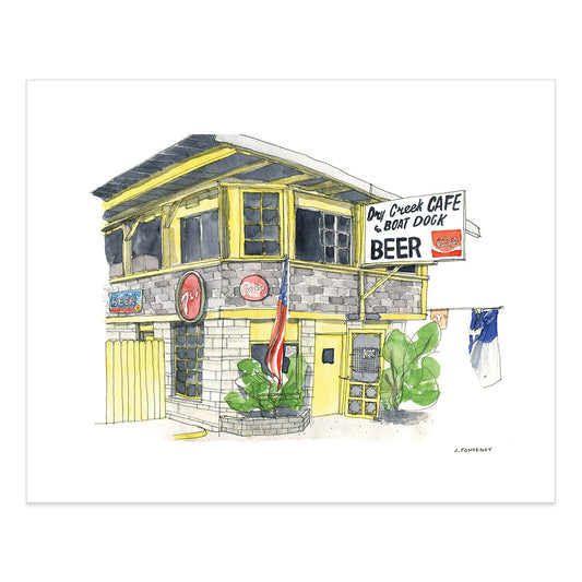 Watercolor painting and ink drawing of Dry Creek Cafe in Austin, Texas art print with the print edges shown on a white background.