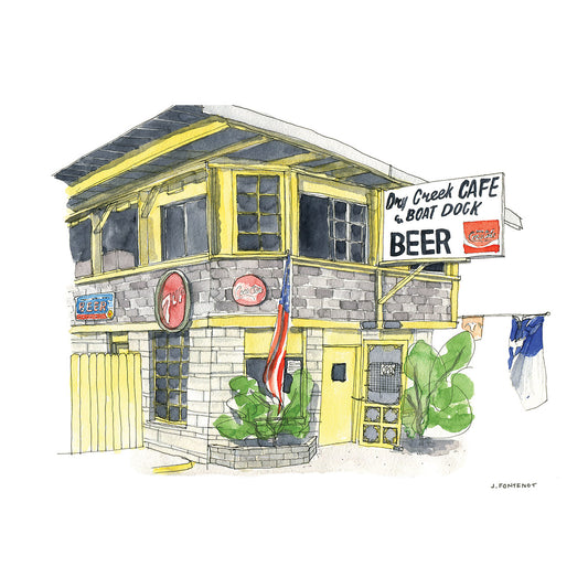 Watercolor painting and ink drawing of Dry Creek Cafe in west Austin, Texas with a hand painted sign on the front that reads "Dry Creek Cafe & Boat Dock BEER".