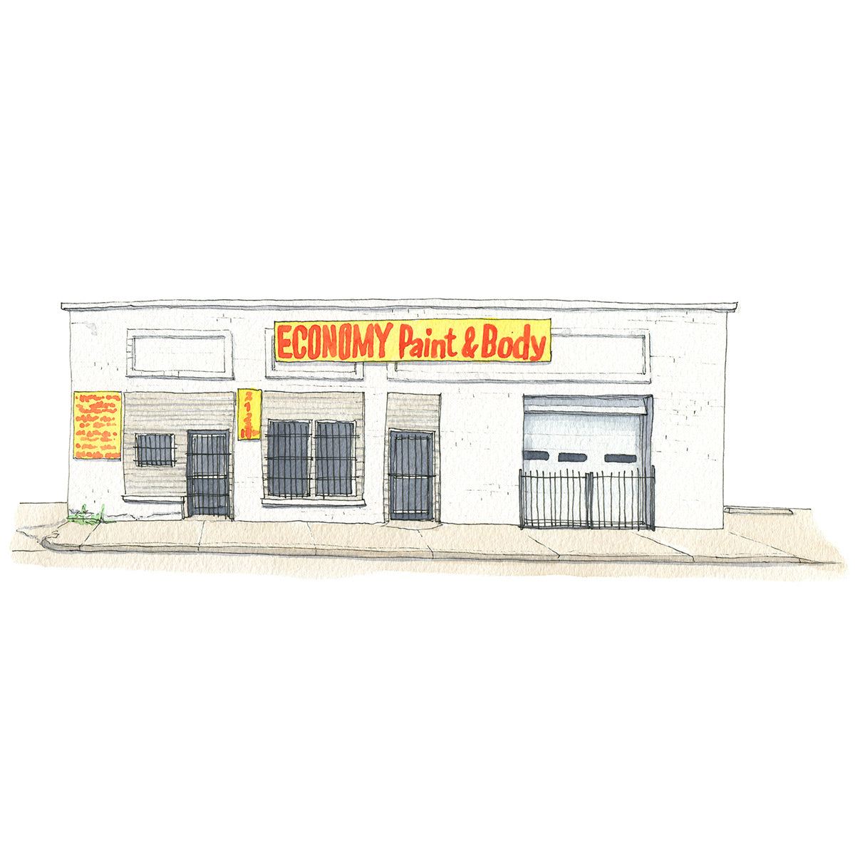 Watercolor and ink drawing of white building in Lubbock, TX with large yellow sign on the front that reads Economy Paint & Body in red letters. 