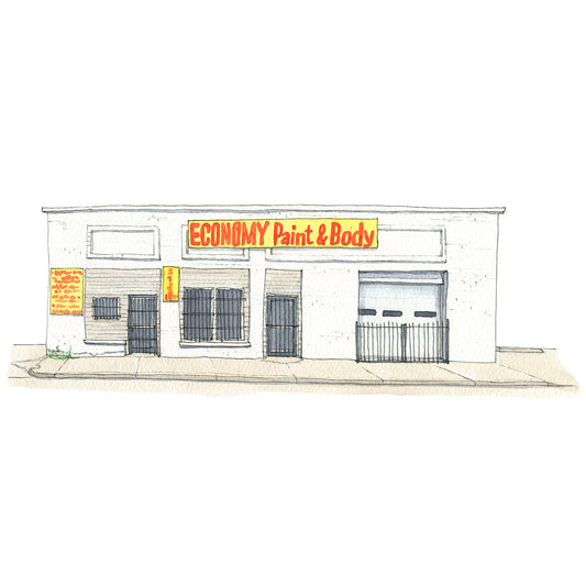 Watercolor and ink drawing of white building in Lubbock, TX with large yellow sign on the front that reads Economy Paint & Body in red letters.