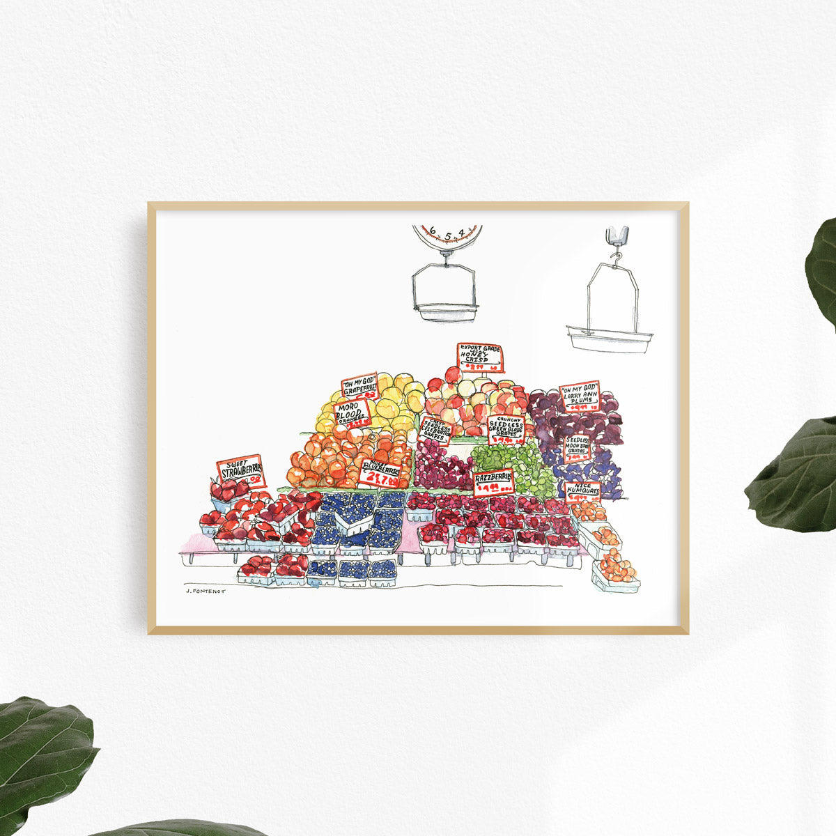 Watercolor painting and ink drawing of fruit produce stand art print framed on wall. Food wall art for kitchen.