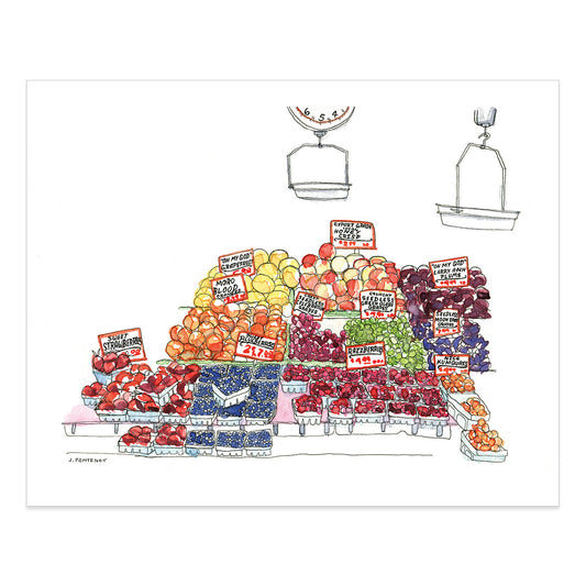 Watercolor painting and ink drawing of fruit produce stand art print with print edges shown on white background. Food wall art for kitchen.