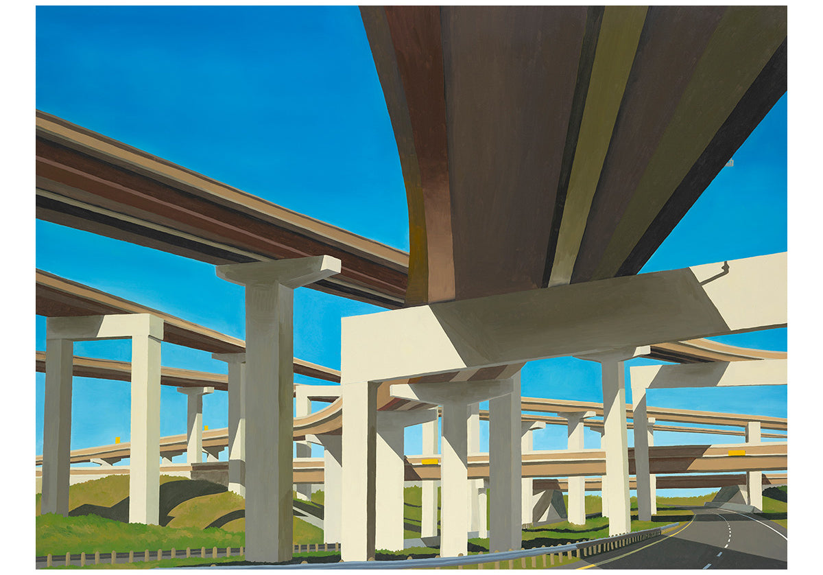 Oil painting of Texas highway interchange with many roads weaving together against a blue sky. Reproduction art print 