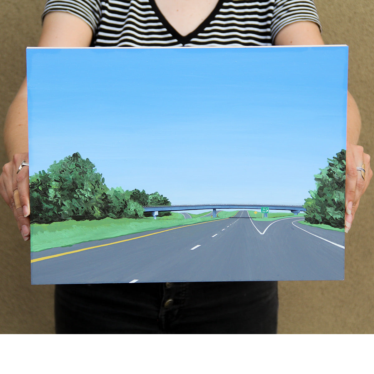 Oil painting of Texas highway with exit sign and overpass. Trees on both sides of the road and a big blue sky. 12x16" wall art