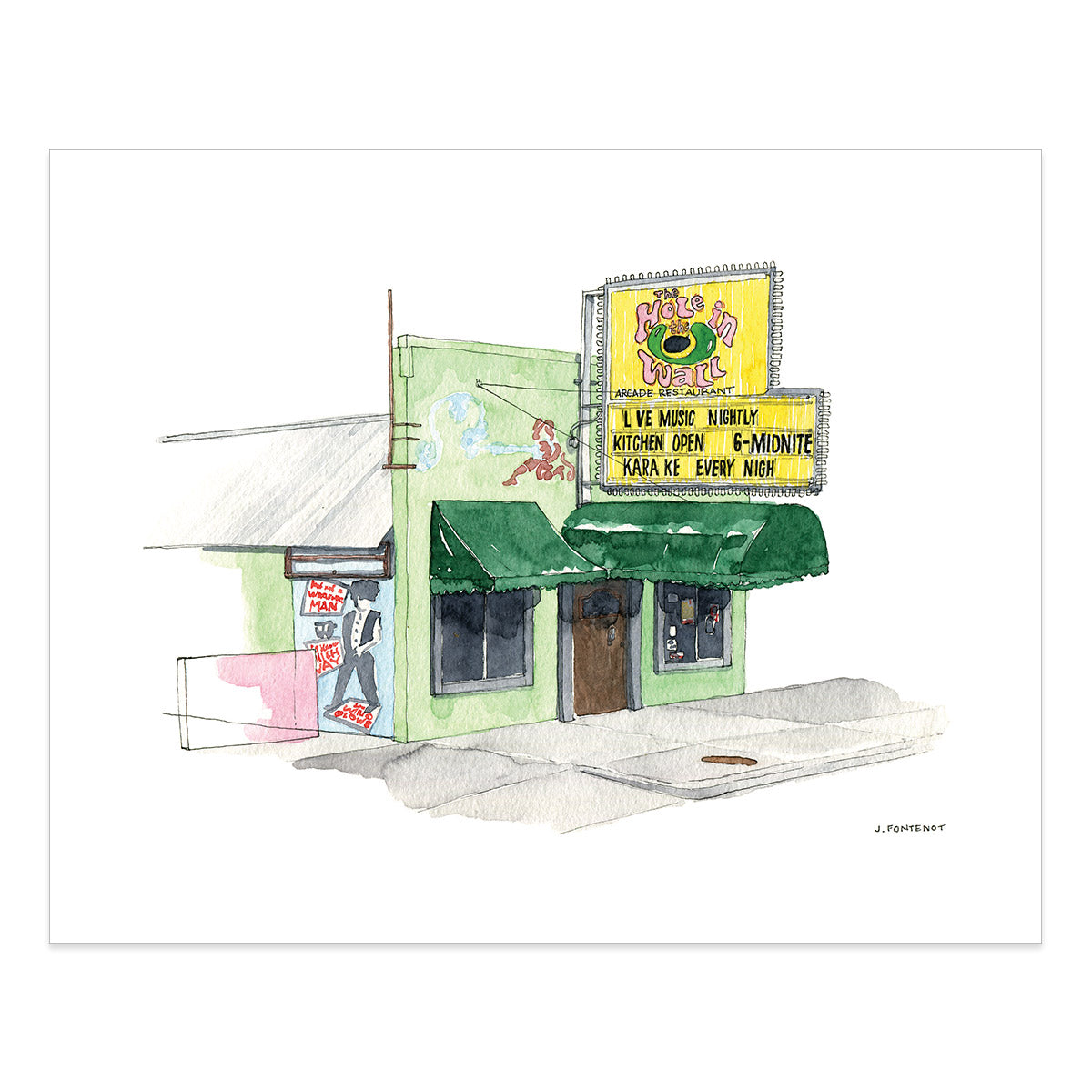 Watercolor painting and ink drawing of Hole in the Wall in Austin, Texas art print with the print edges shown on a white background. 