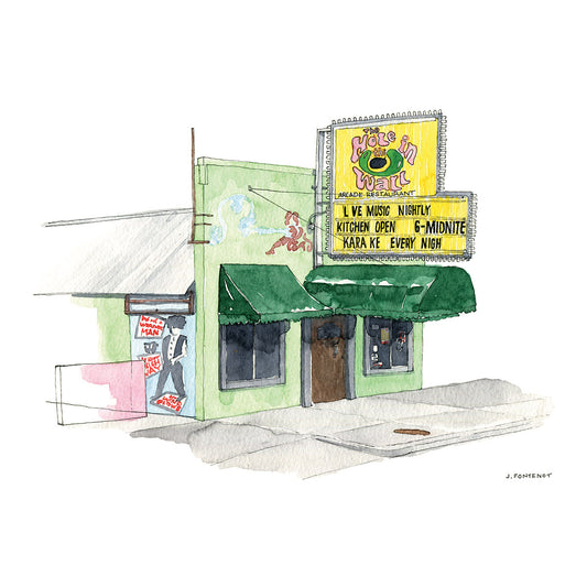 Watercolor painting and ink drawing of Hole in the Wall bar and music venue in Austin, Texas with light green facade, dark green awnings and a yellow sign with marquee. 