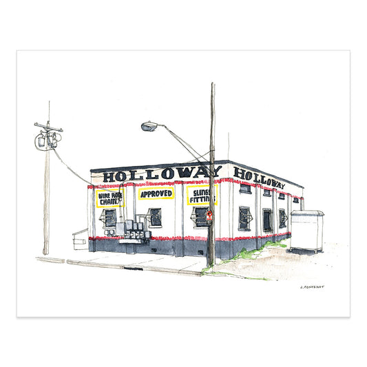 Watercolor painting and ink drawing of warehouse in East Austin art print with the print edges shown on a white background.