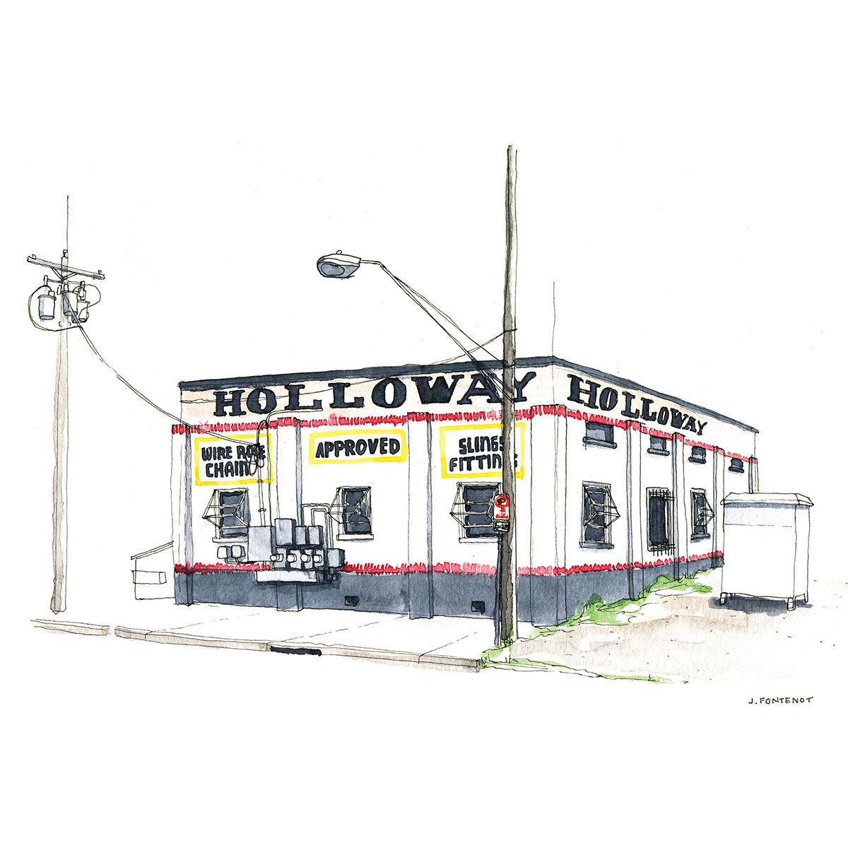 Watercolor painting and ink drawing of Holloway warehouse in East Austin, Texas with street lamp and electrical pole with sidewalk. 