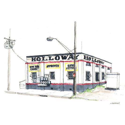 Watercolor painting and ink drawing of Holloway warehouse in East Austin, Texas with street lamp and electrical pole with sidewalk.