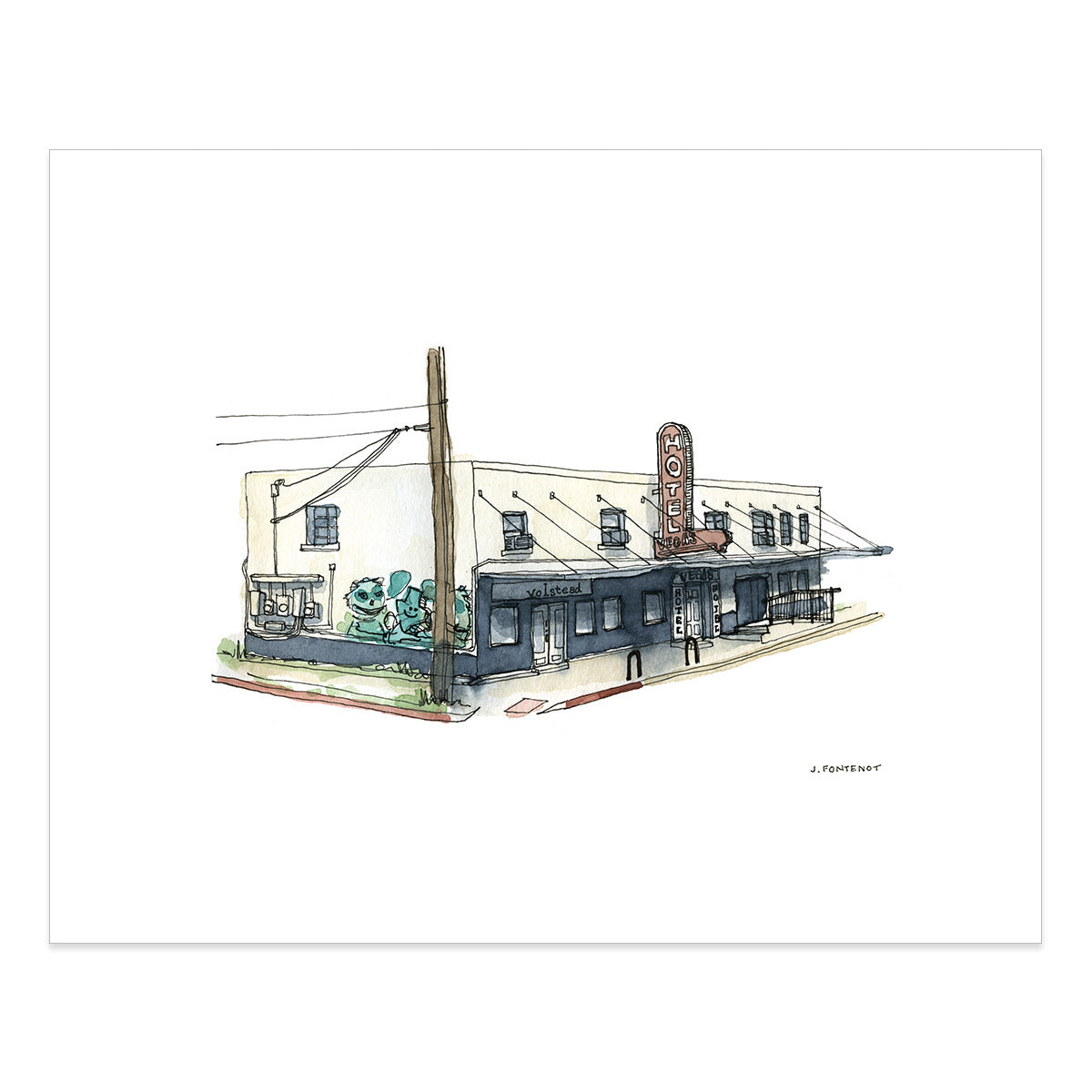 Watercolor painting and ink drawing of Hotel Vegas in East Austin art print with print edges shown on a white background.