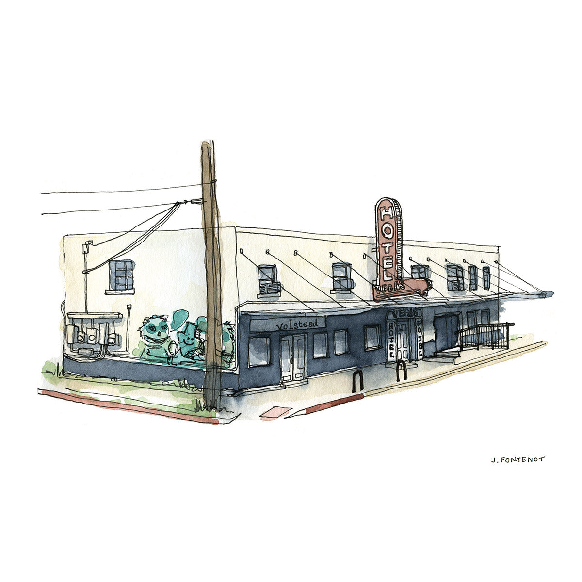 Watercolor painting and ink drawing of Hotel Vegas & Volstead music venue in East Austin, Texas with electrical wires and sidewalk.