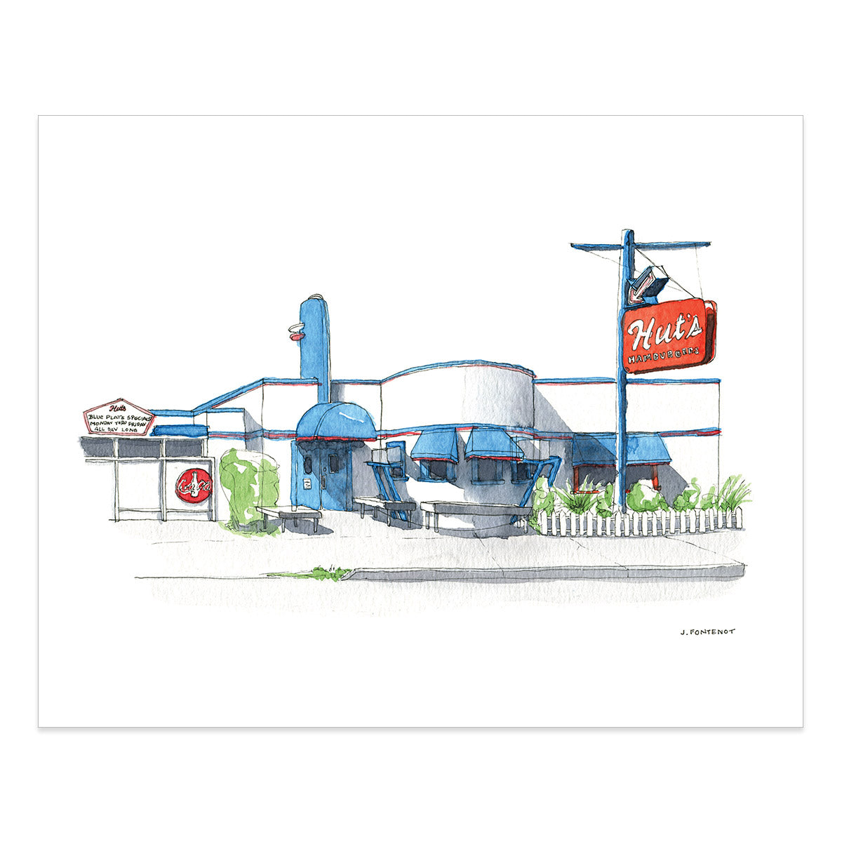 Watercolor painting and ink drawing of Hut's Hamburger's in Austin, Texas art print with print edges shown on a white background.