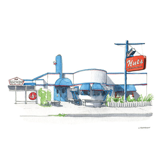 Watercolor painting and ink drawing of Hut's Hamburger's in Austin, Texas with classic blue awnings and the red sign out front.