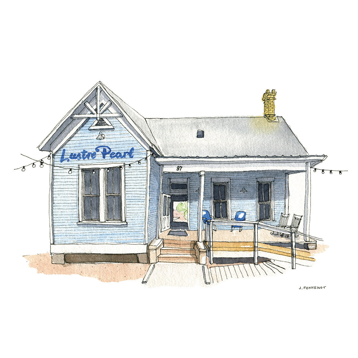 Watercolor painting and ink drawing of Lustre Pearl bar in Austin, Texas. The building is an old home with light blue siding with a front porch and string lights.