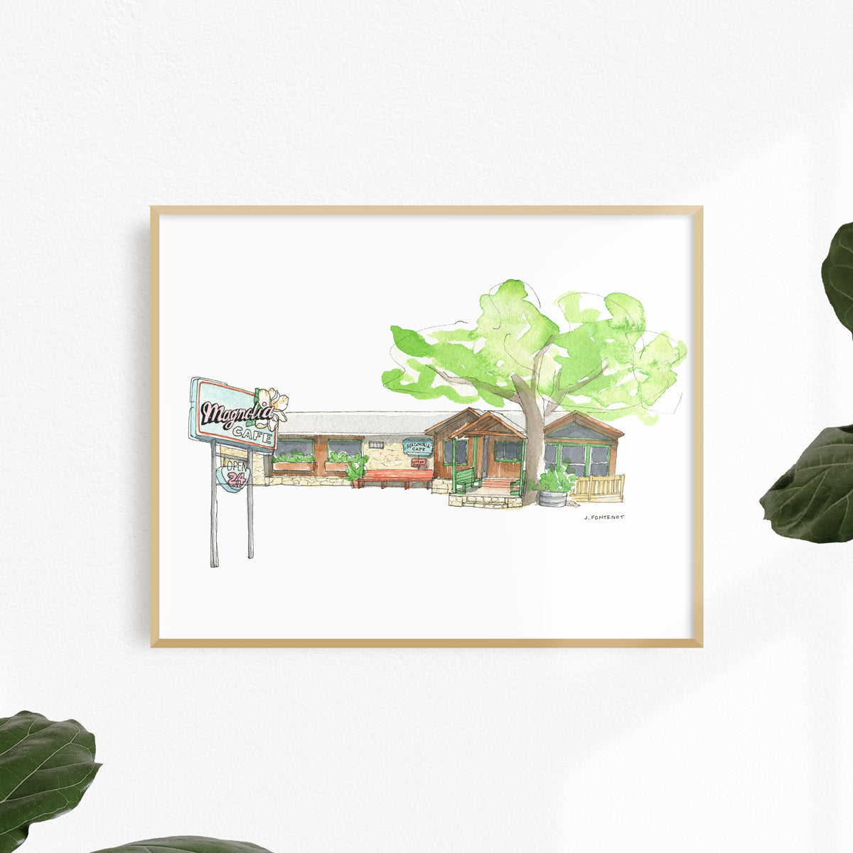 Watercolor painting and ink drawing of Magnolia Cafe in Austin, Texas art print framed on a white wall. Framed wall art