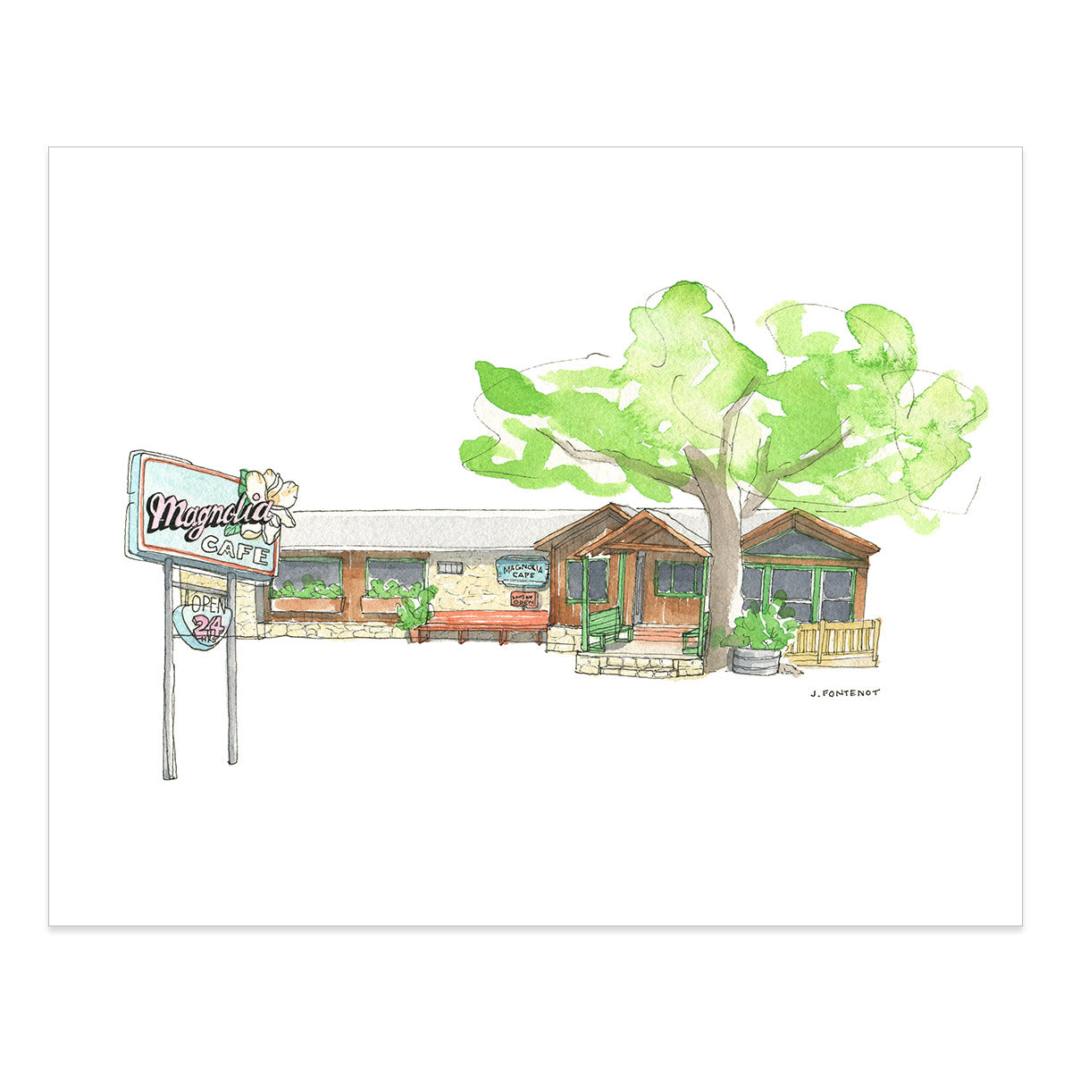 Watercolor painting and ink drawing of Magnolia Cafe in Austin, Texas art print with print edges shown on a white background.