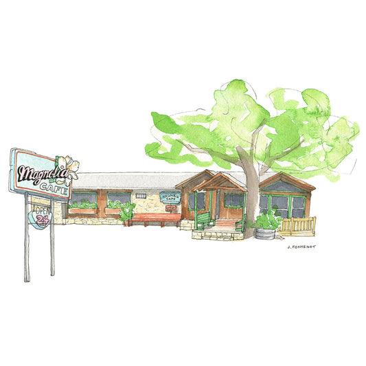 Watercolor painting and ink drawing of Magnolia Cafe on Lake Austin Blvd in Austin, Texas with large tree and the classic sign out front.