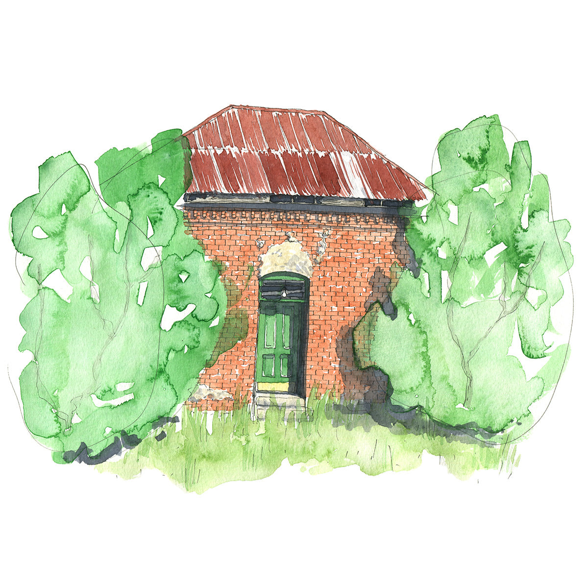 Red Brick Building with Green Door - Original Art