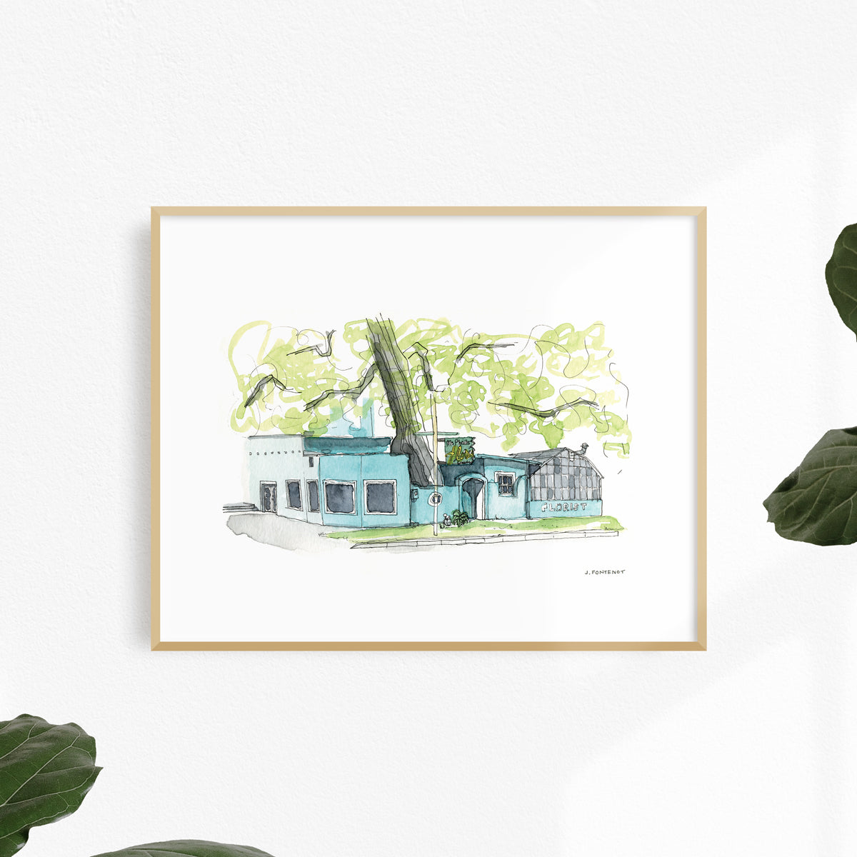 Watercolor painting and ink drawing of McPhail Florist & Greenhouse in Austin, Texas art print framed on a white wall.