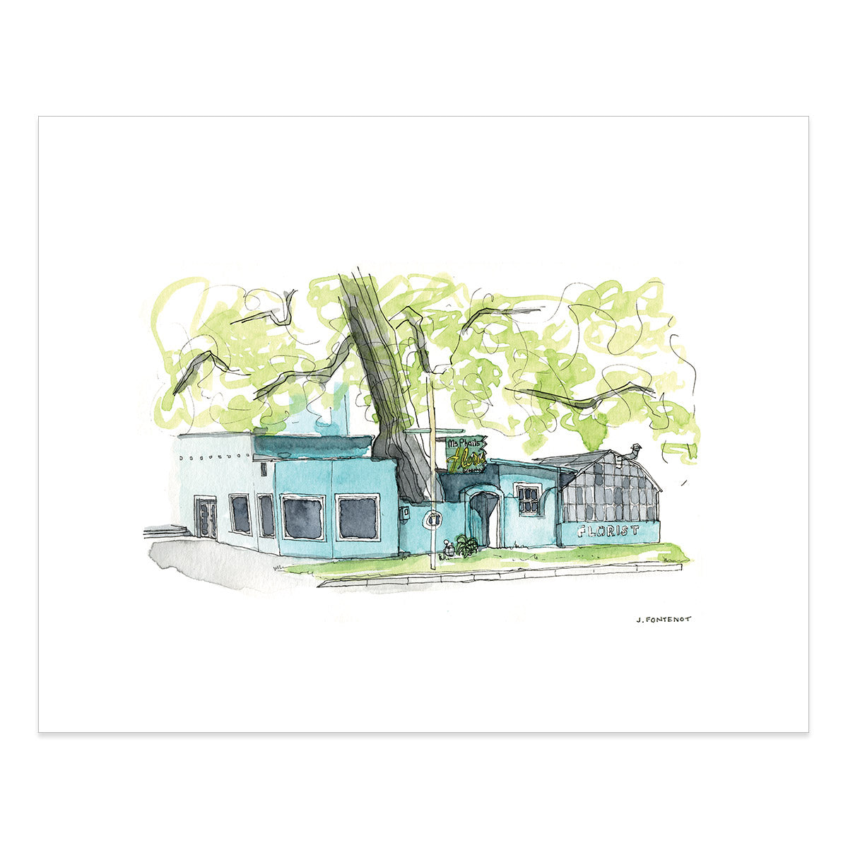 Watercolor painting and ink drawing of McPhail Florist & Greenhouse in Austin, Texas art print with print edges shown on white background.