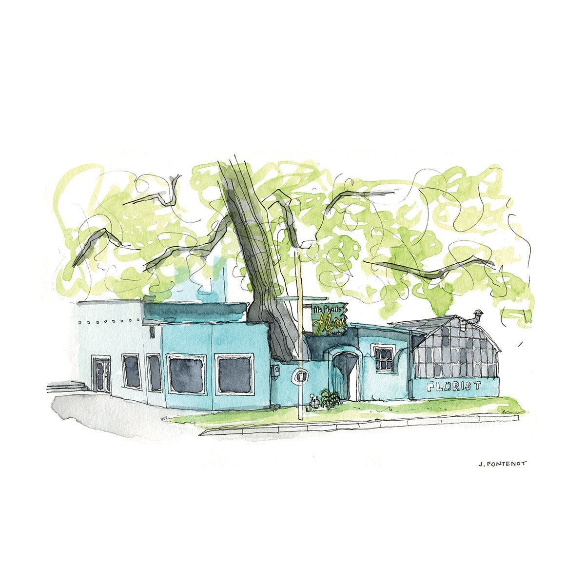 Watercolor painting and ink drawing of McPhail Florist & Greenhouse in Austin, Texas teal building with large oak tree growing from inside