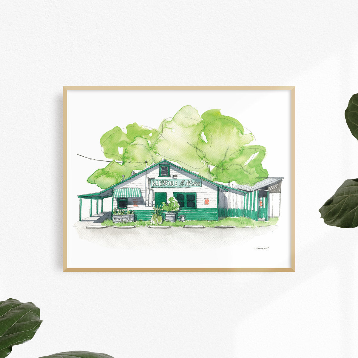 Watercolor painting and ink drawing of Green Mesquite BBQ in Austin, Texas art print framed on a white wall. Framed wall art