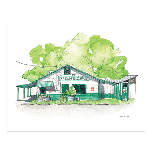 Watercolor painting and ink drawing of Green Mesquite BBQ in Austin, Texas art print with the print edges shown on a white background.