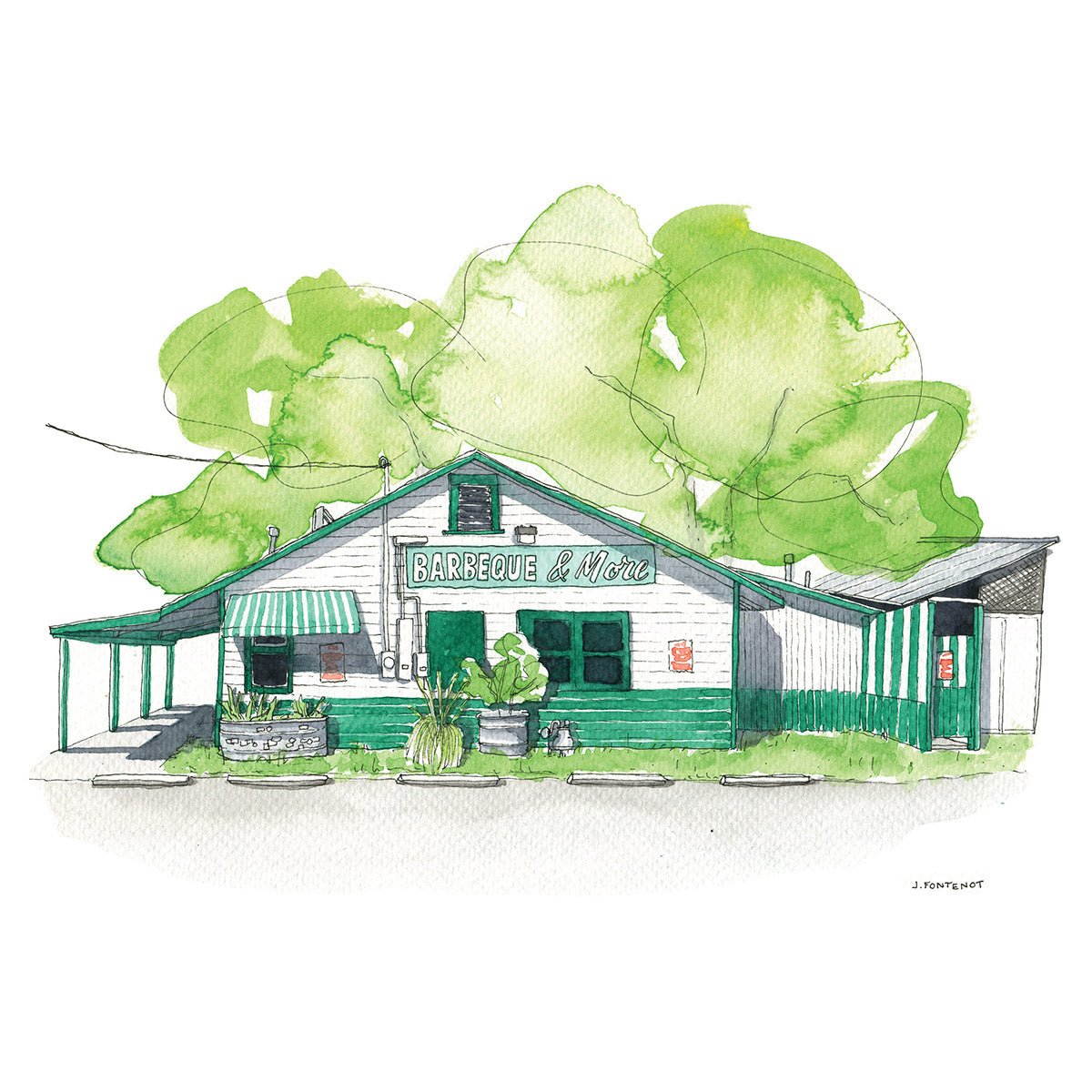 Watercolor painting and ink drawing of Green Mesquite BBQ in Austin, Texas with large tree above the white and green building. Sign reads "Barbecue & more".