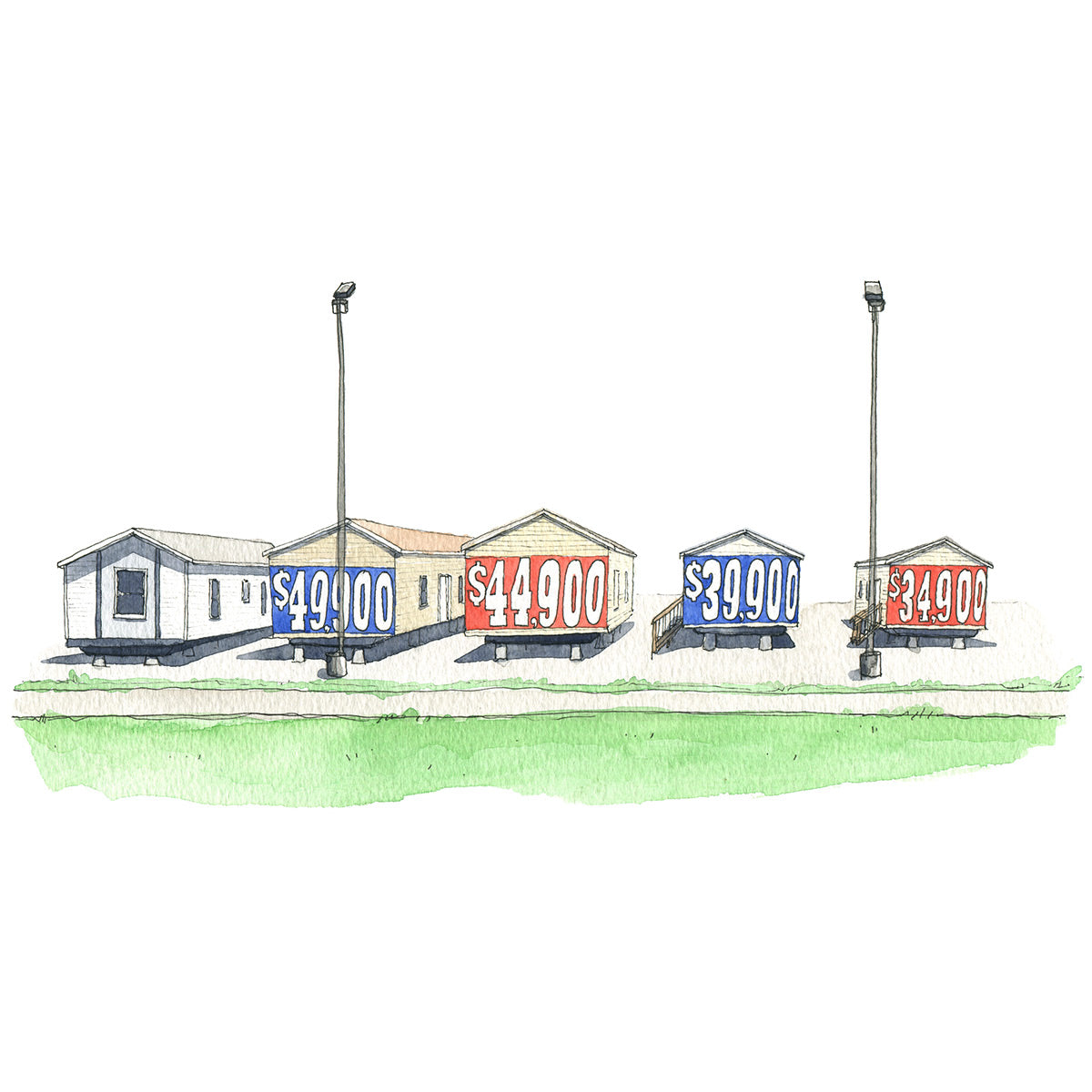 Original watercolor ink drawing of mobile homes for sale with banners of large prices on the side. Red and blue banners with white numbers. Two light poles.