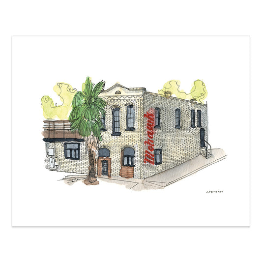 Watercolor painting and ink drawing of Mohawk in Austin, Texas art print with print edges shown on white background.