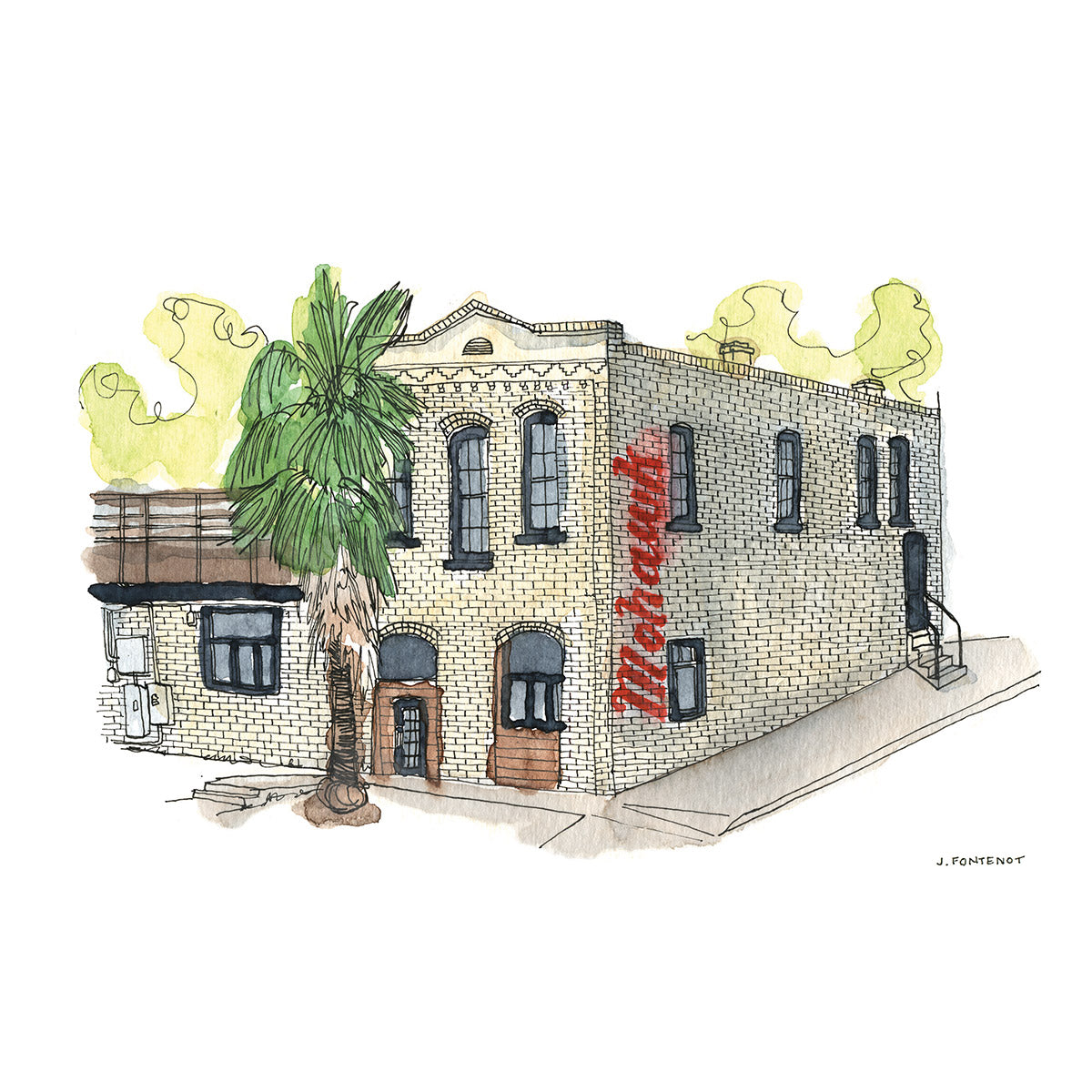 Watercolor painting and ink drawing of Mohawk music venue in Austin, Texas with large red letters on side of building and palm tree out front.