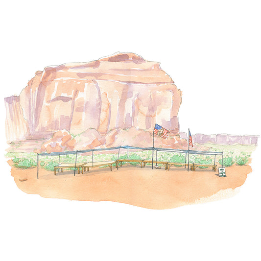 Original watercolor and ink drawing of jewlery stand in red dirt in front of large rock structure in Monument Valley Arizona. Southwestern orange, purple and green.