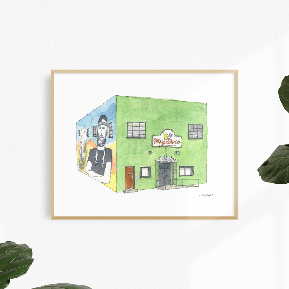 Watercolor painting and ink drawing of Mugshots in Austin, Texas art print framed on a white wall