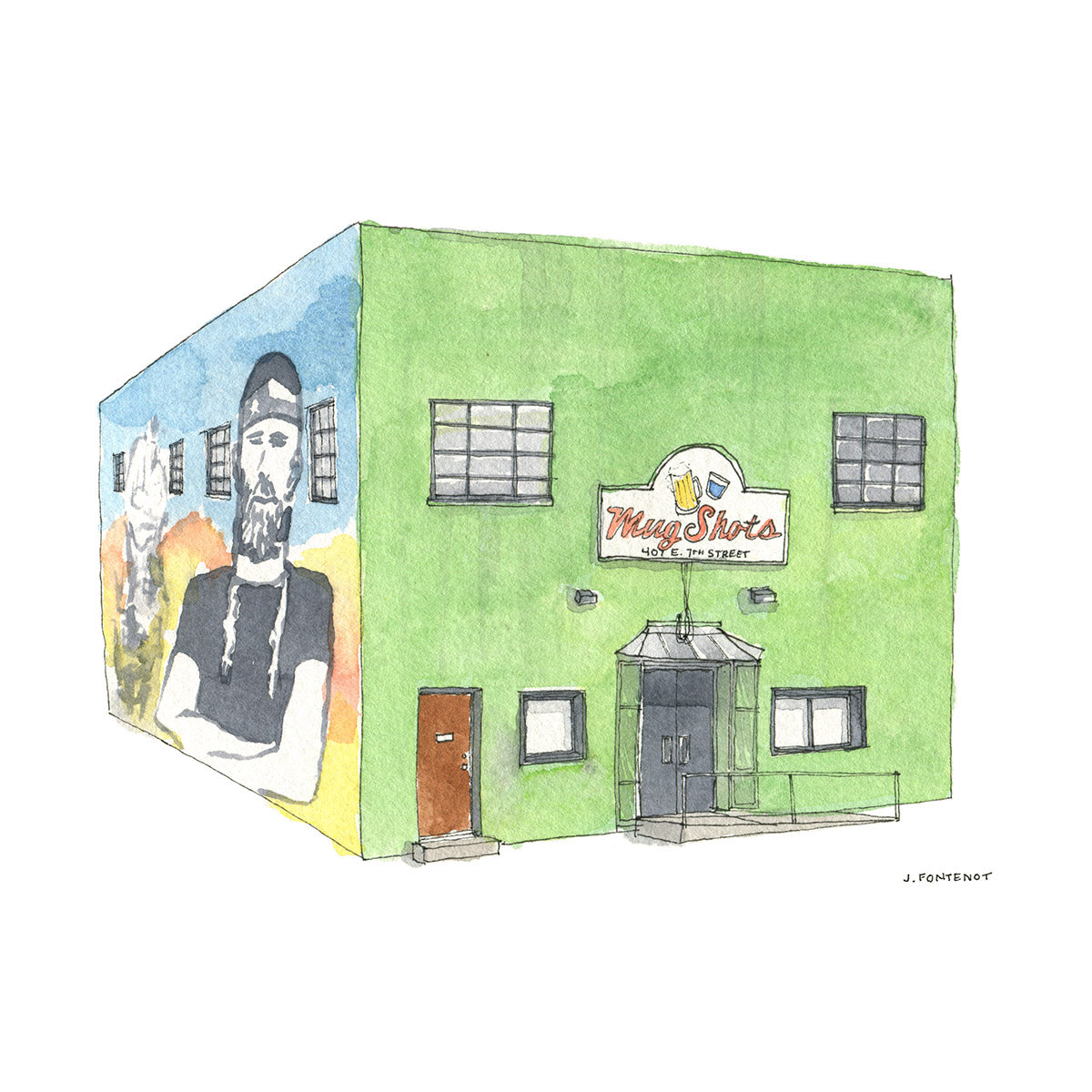 Watercolor painting and ink drawing of Mugshots bar in Austin, Texas with green facade, beer sign and mural of Willie Nelson. 