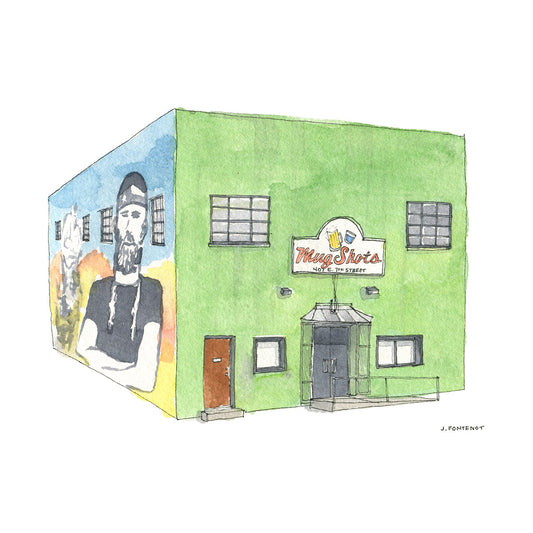 Watercolor painting and ink drawing of Mugshots bar in Austin, Texas with green facade, beer sign and mural of Willie Nelson.