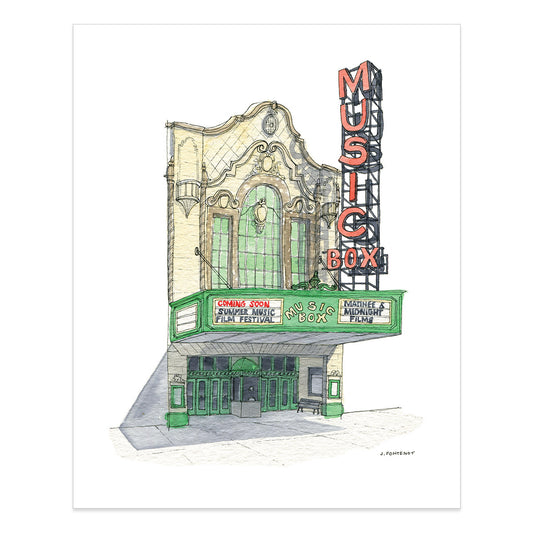 Watercolor painting and ink drawing of Music Box Theatre in Chicago art print with print edges shown on white background