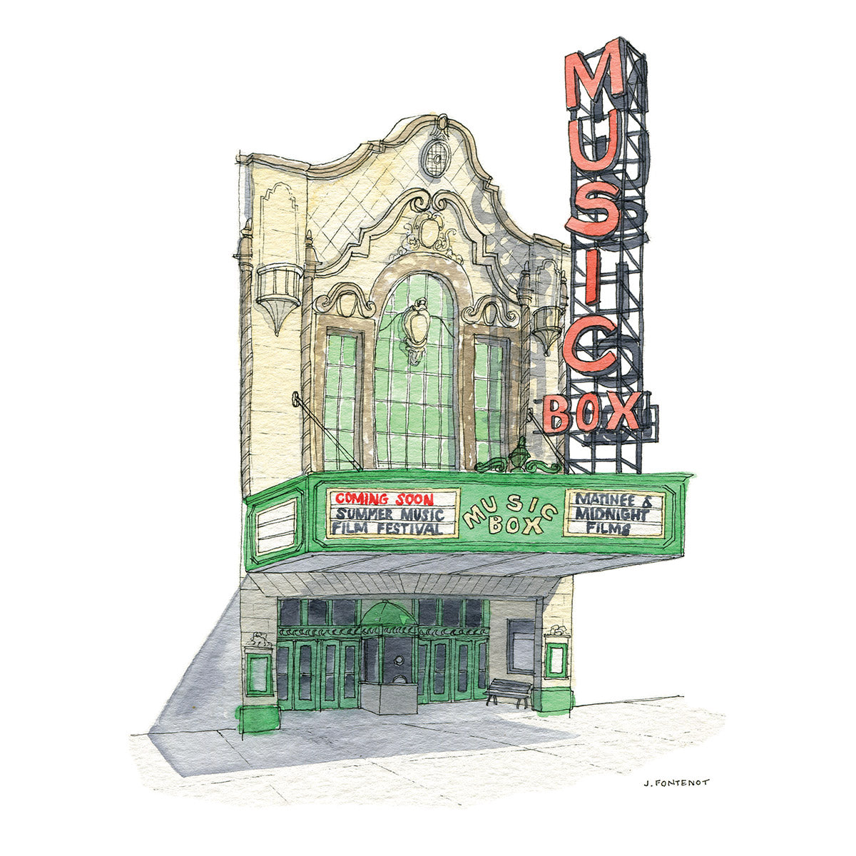 Watercolor painting and ink drawing of Music Box Theatre facade in Chicago, IL with classic green marquee and red letters. 