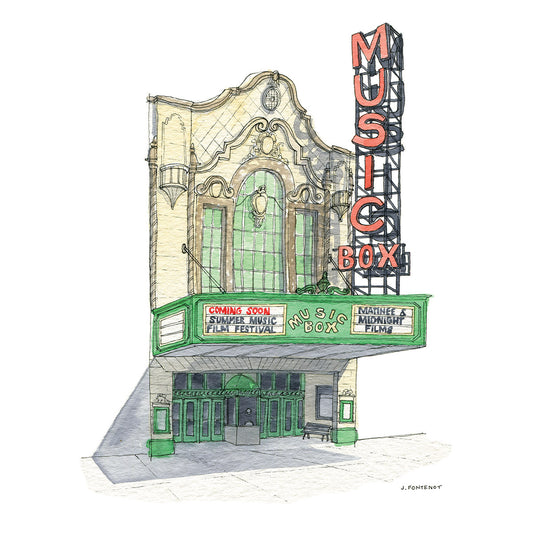 Watercolor painting and ink drawing of Music Box Theatre facade in Chicago, IL with classic green marquee and red letters.