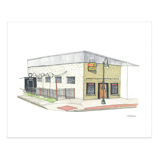 Watercolor painting and ink drawing of Nickel City in East Austin, Texas art print with print edges shown on white background.