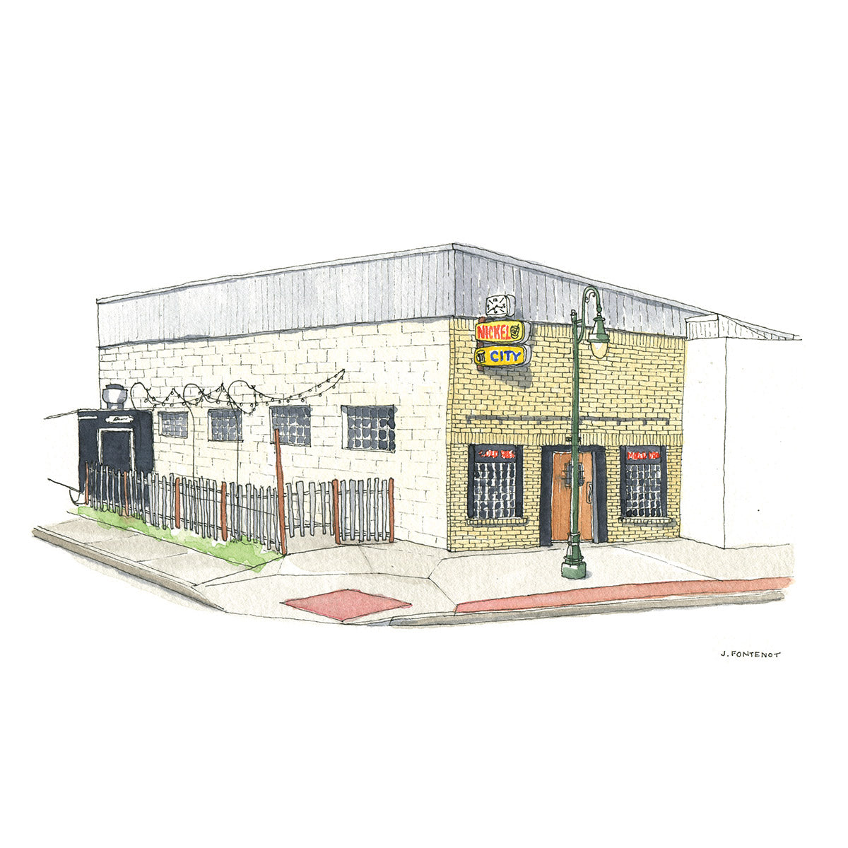 Watercolor painting and ink drawing of Nickel City in East Austin, Texas, a classic dive bar with a street lamp on sidewalk out front.