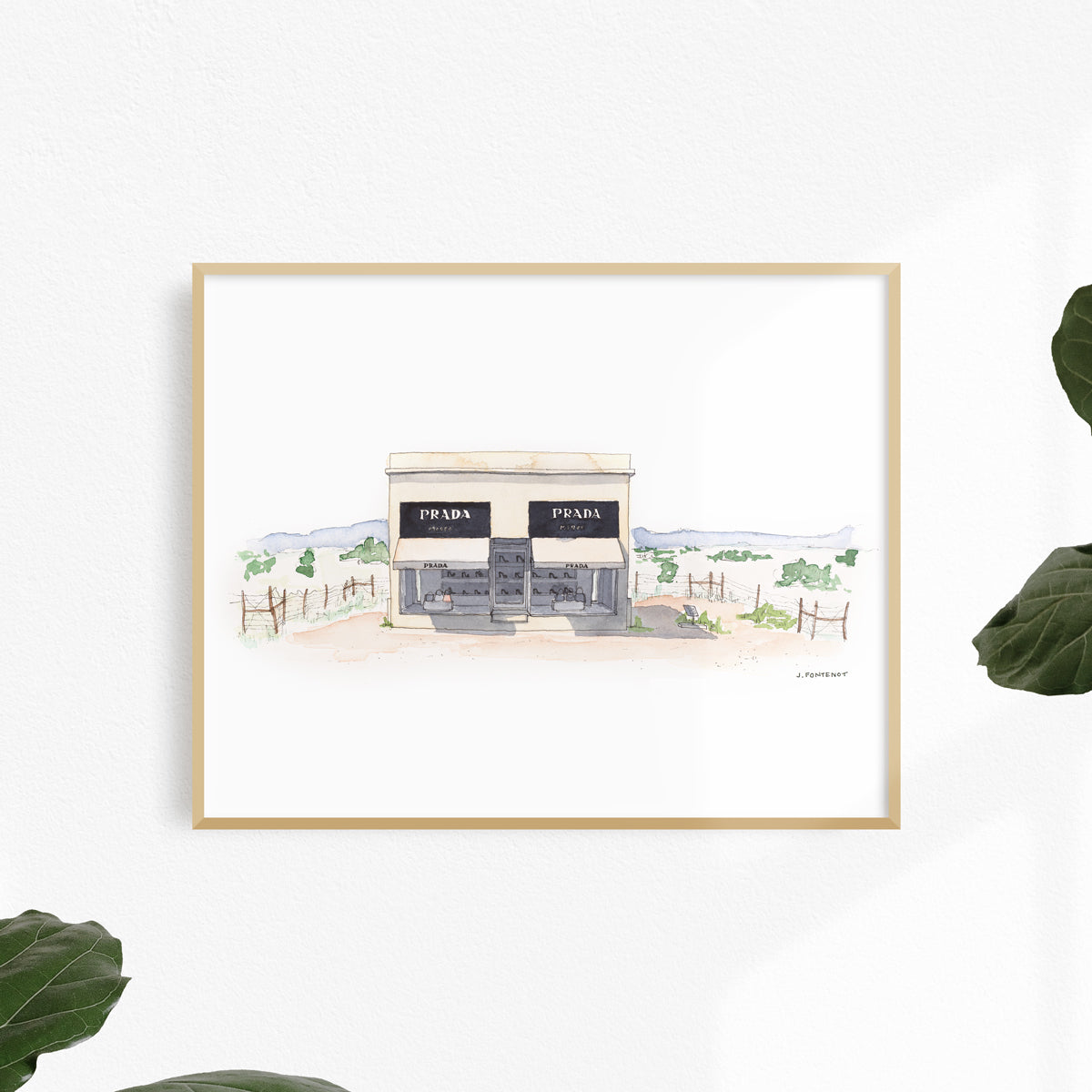 Watercolor painting and ink drawing of Prada Marfa in West Texas art print framed on the wall. Framed wall art for the home.