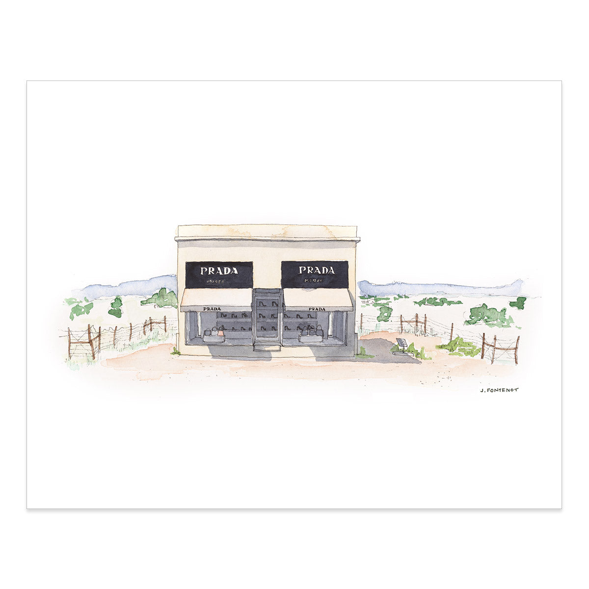 Watercolor painting and ink drawing of Prada Marfa in West Texas art print with print edges shown on white background.