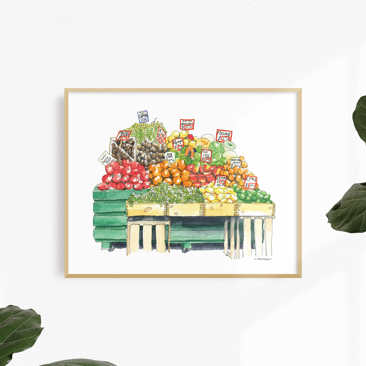 Watercolor painting and ink drawing of fruit produce art print framed on wall. Food wall art for kitchen.