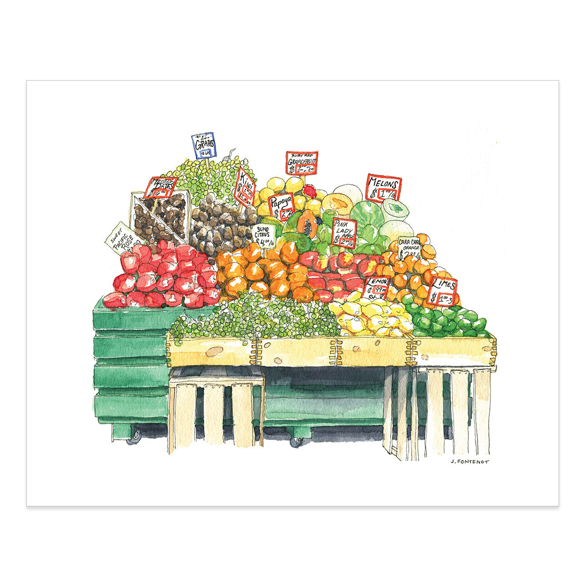 Watercolor painting and ink drawing of fruit produce art print with print edges shown. Food wall art for kitchen.